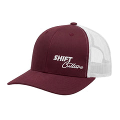 Shift Culture maroon and white mesh back hat with white embroidered front logo